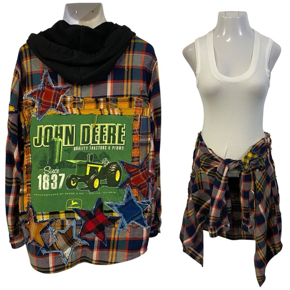 Upcycled Flannel Shirt Shacket Womens XL Tractor Plow  Grunge Patchwork Folk Art